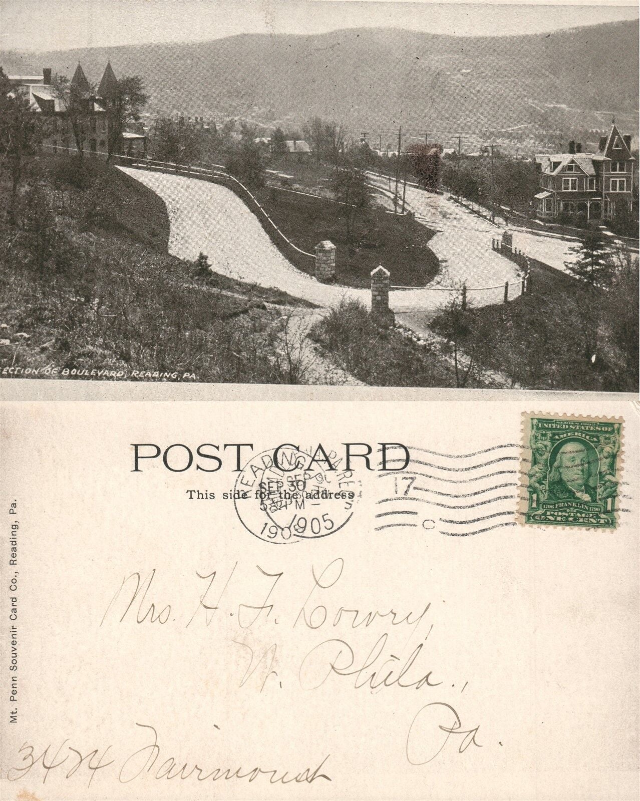 READING PA SECTION OF BOULEVARD 1905 UNDIVIDED ANTIQUE POSTCARD