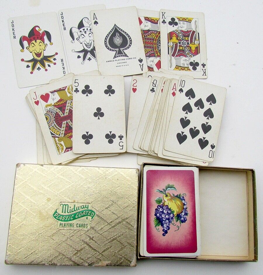 VINTAGE MIDWAY PLAYING CARDS DOUBLE DECK SET w/ BOX - FRUITS BACK by ARRCO