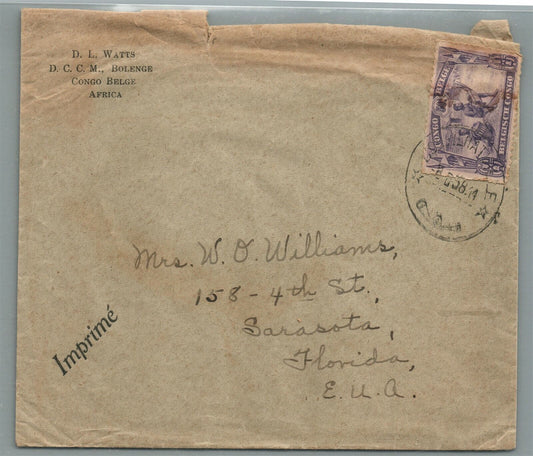 BELGIAN CONGO EAST AFRICA to FLORIDA USA 1914 VINTAGE COVER w/ STAMP