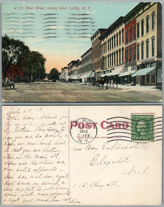 LE ROY N.Y. MAIN STREET 1913 ANTIQUE POSTCARD