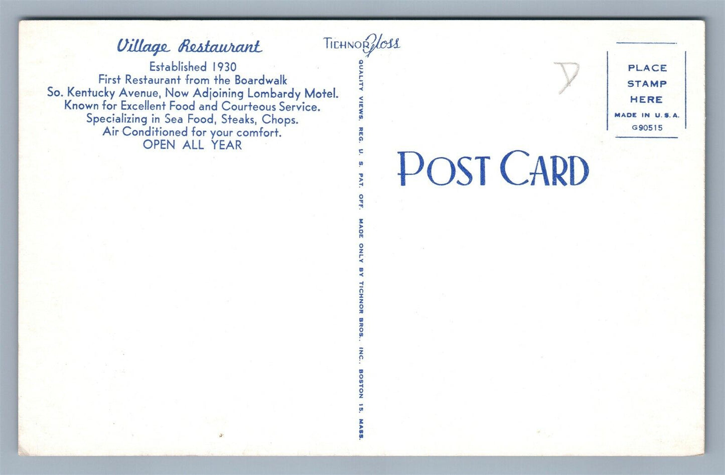 ATLANTIC CITY NJ VILLAGE RESTAURANT VINTAGE ADVERTISING POSTCARD