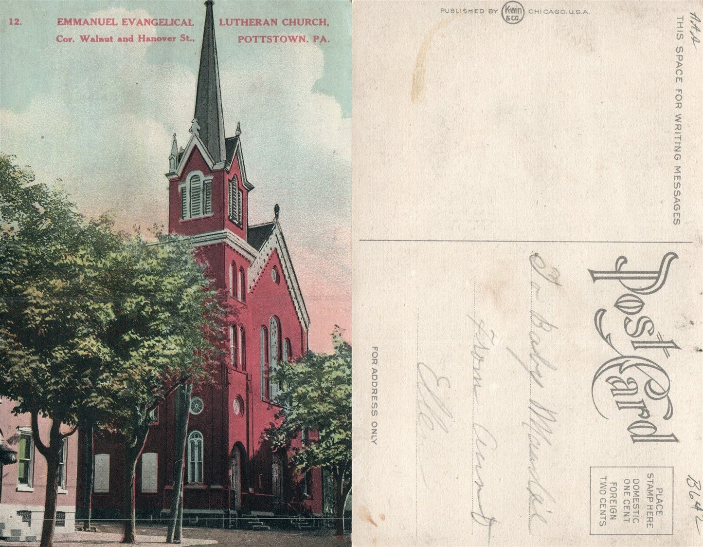 POTTSTOWN WALNUT & HANOVER STREET EMMANUEL EVANGELICAL CHURCH ANTIQUE POSTCARD