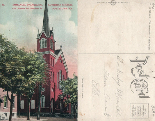 POTTSTOWN WALNUT & HANOVER STREET EMMANUEL EVANGELICAL CHURCH ANTIQUE POSTCARD