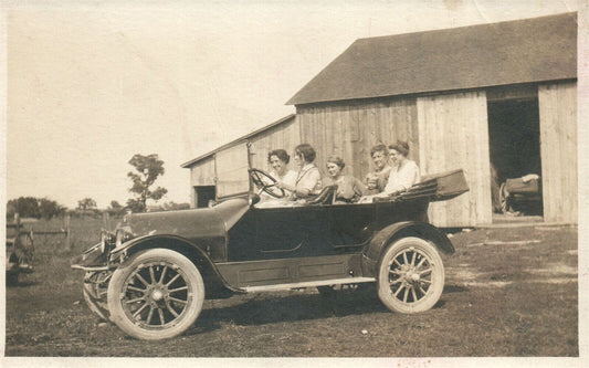 OLD CAR w/ GIRLS DRIVING 1915 ANTIQUE REAL PHOTO POSTCARD RPPC