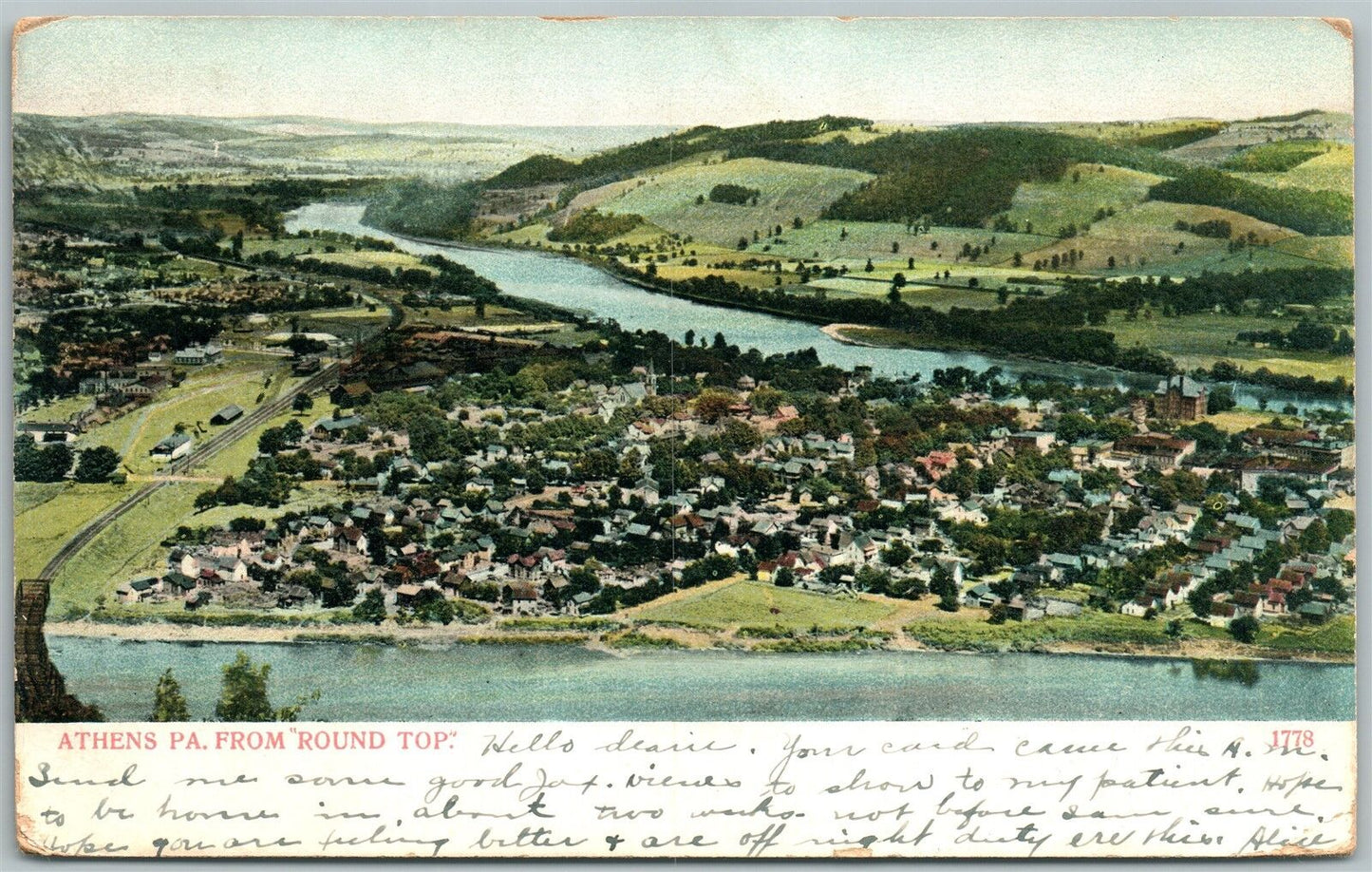 ATHENS PA FROM ROUND TOP 1907 UNDIVIDED ANTIQUE POSTCARD w/ CORK CANCEL