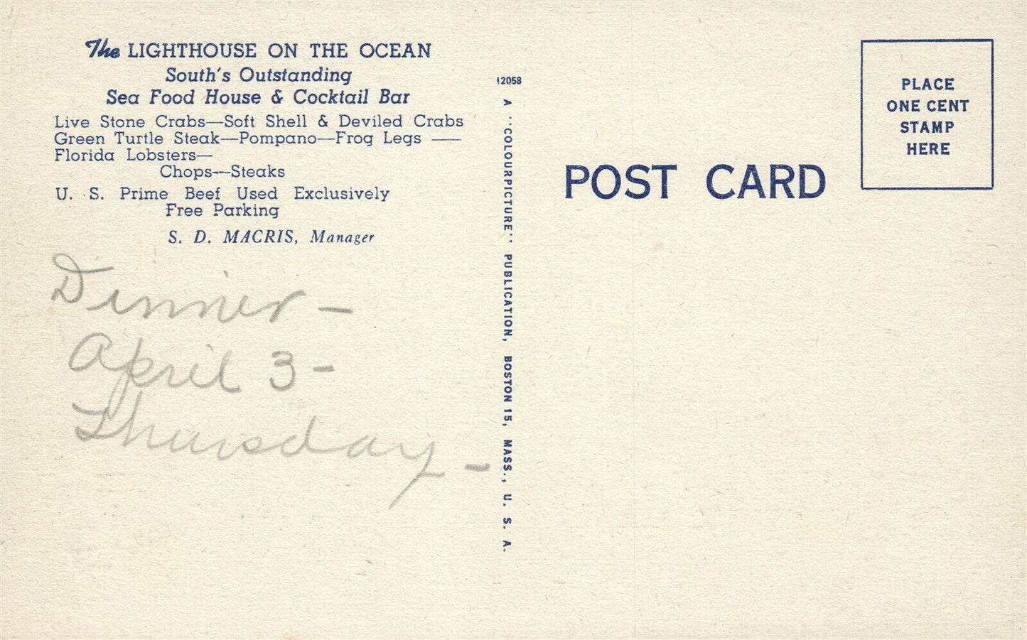 MIAMI BEACH FL LIGHTHOUSE SEA FOOD RESTAURANT VINTAGE POSTCARD