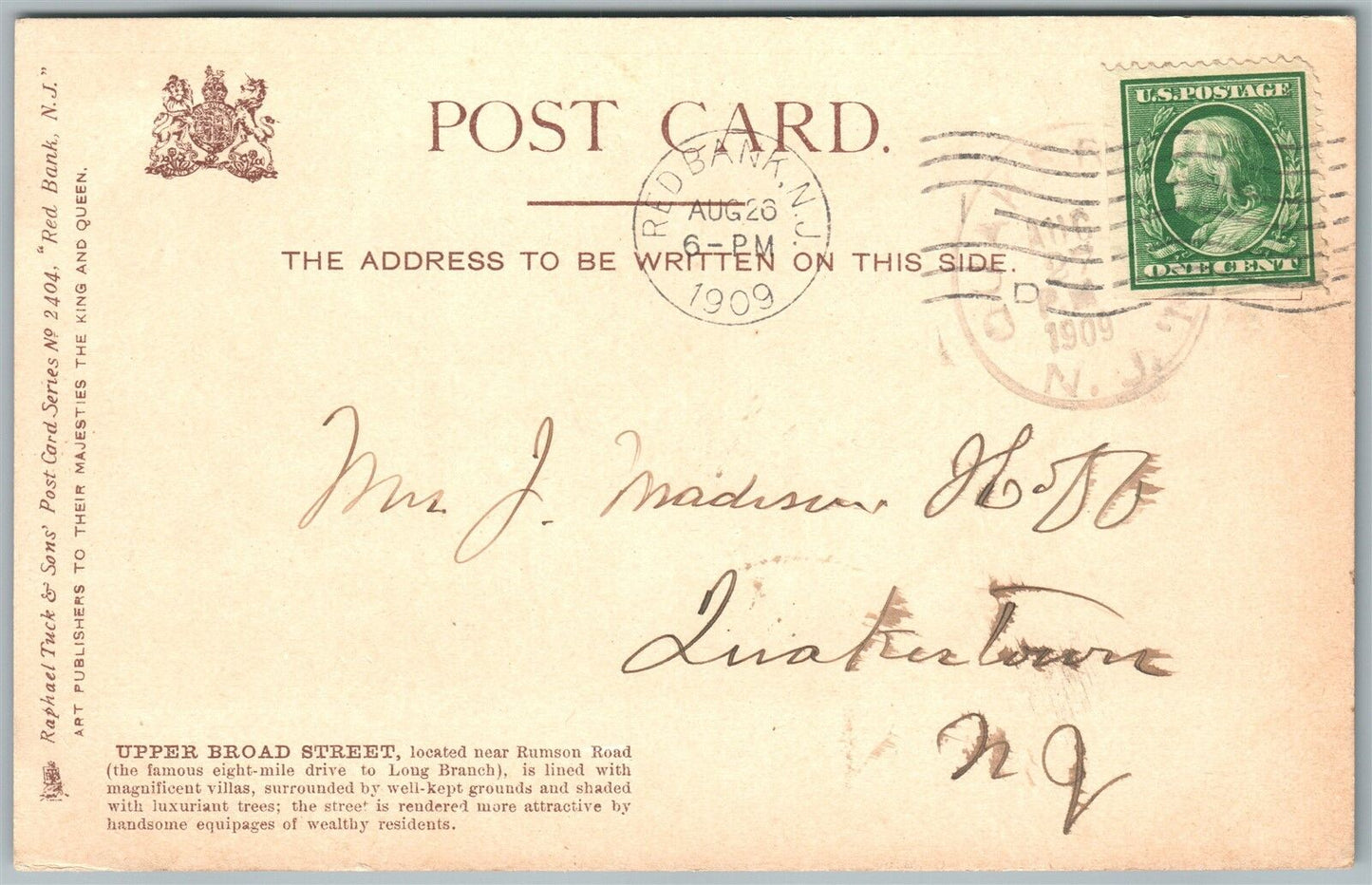 RED BANK NJ UPPER BROAD STREET 1909 ANTIQUE POSTCARD