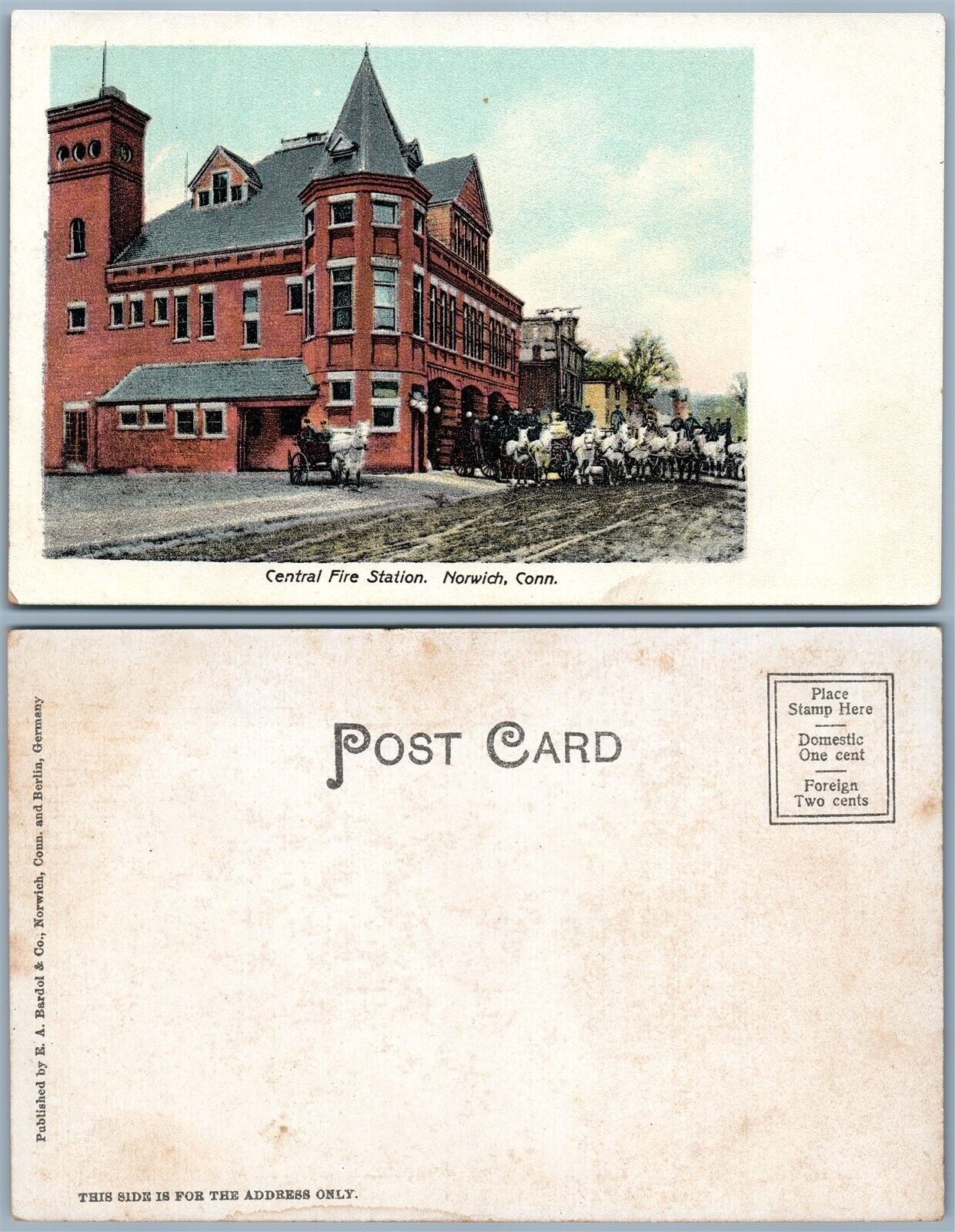 NORWICH CT CENTRAL FIRE STATION UNDIVIDED ANTIQUE POSTCARD