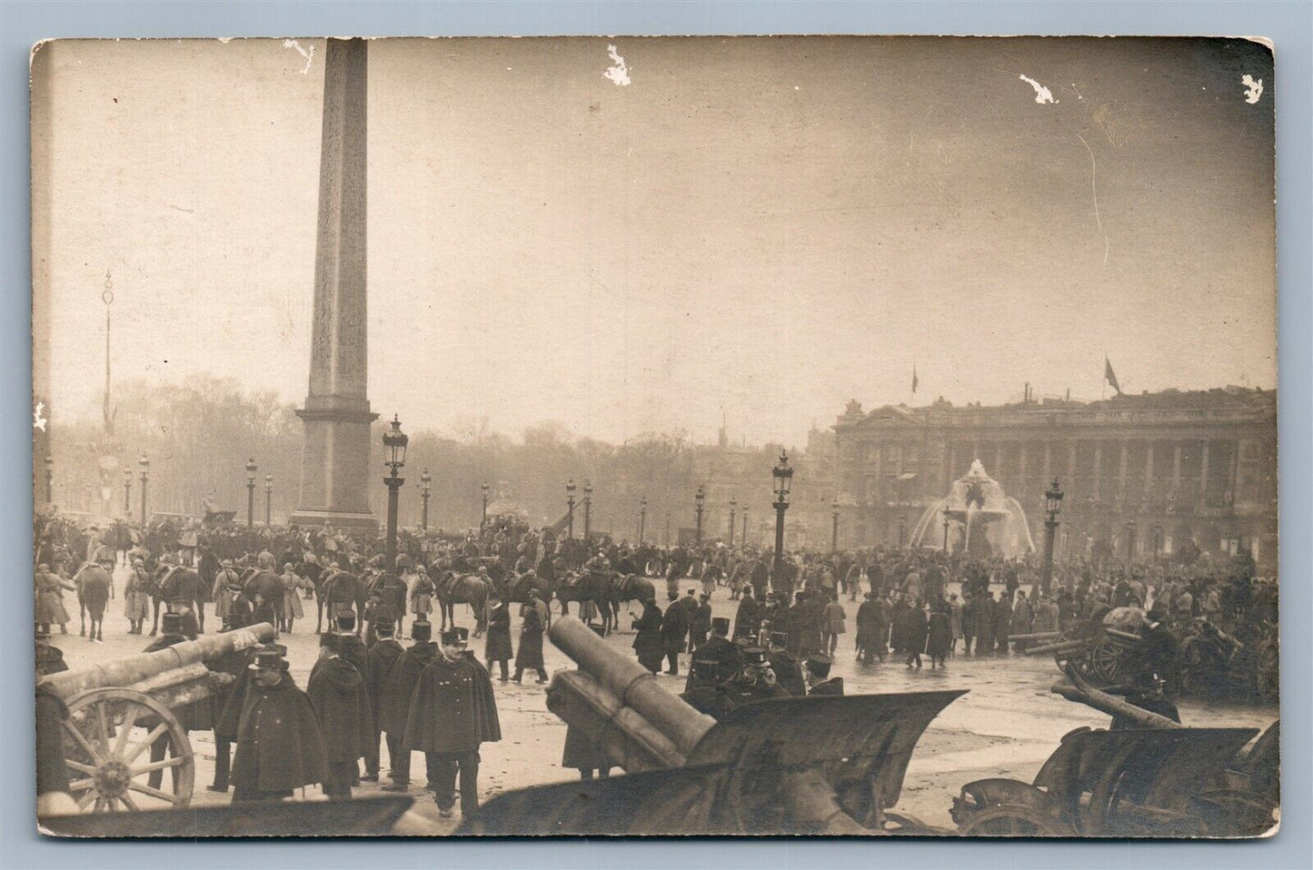 FRENCH CITY SCENE w/ GUNS WWI ANTIQUE REAL PHOTO POSTCARD RPPC artillery