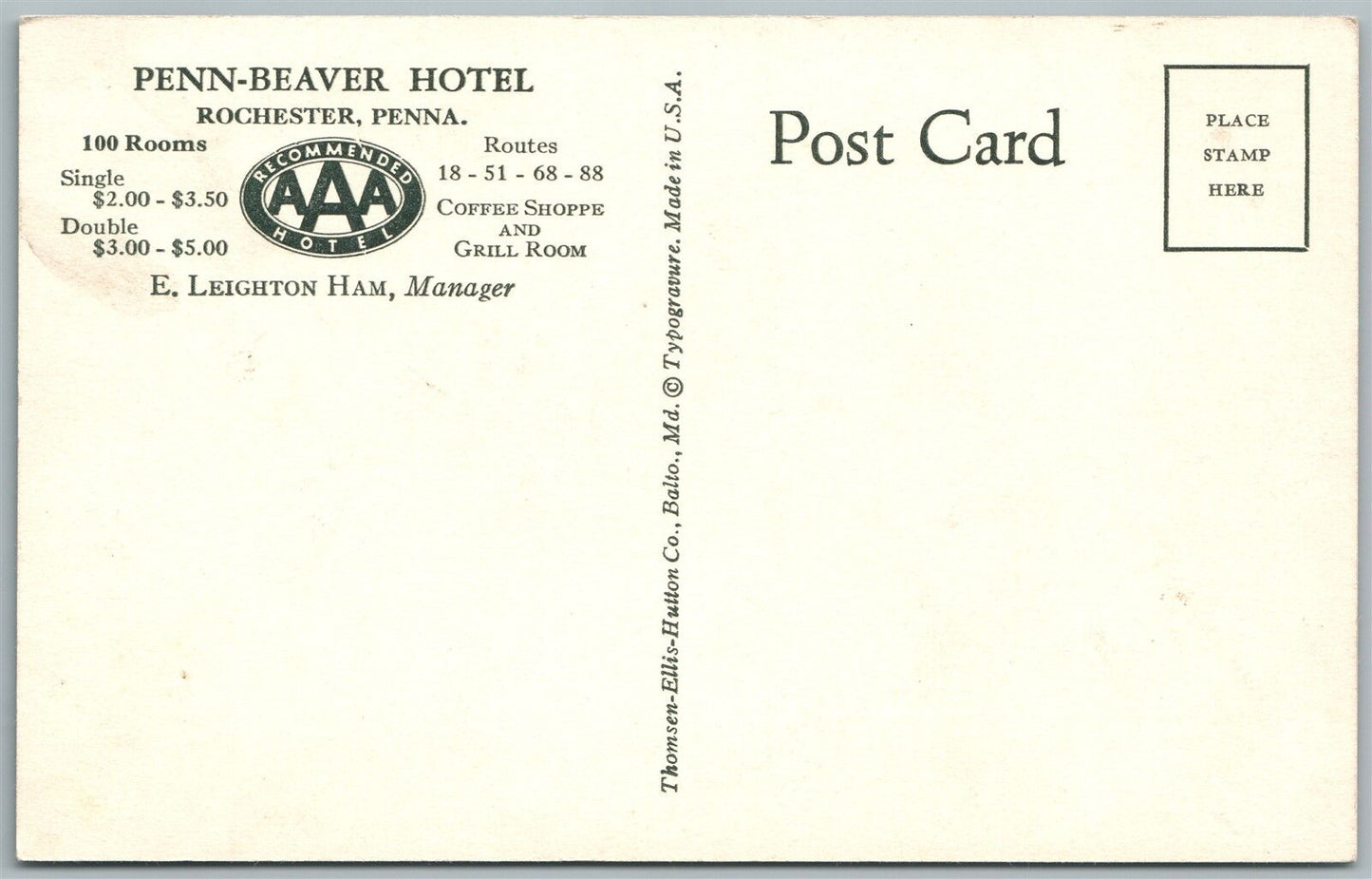 ROCHESTER PA PENN-BEAVER HOTEL AAA RECOMMENDED ADVERTISING ANTIQUE POSTCARD