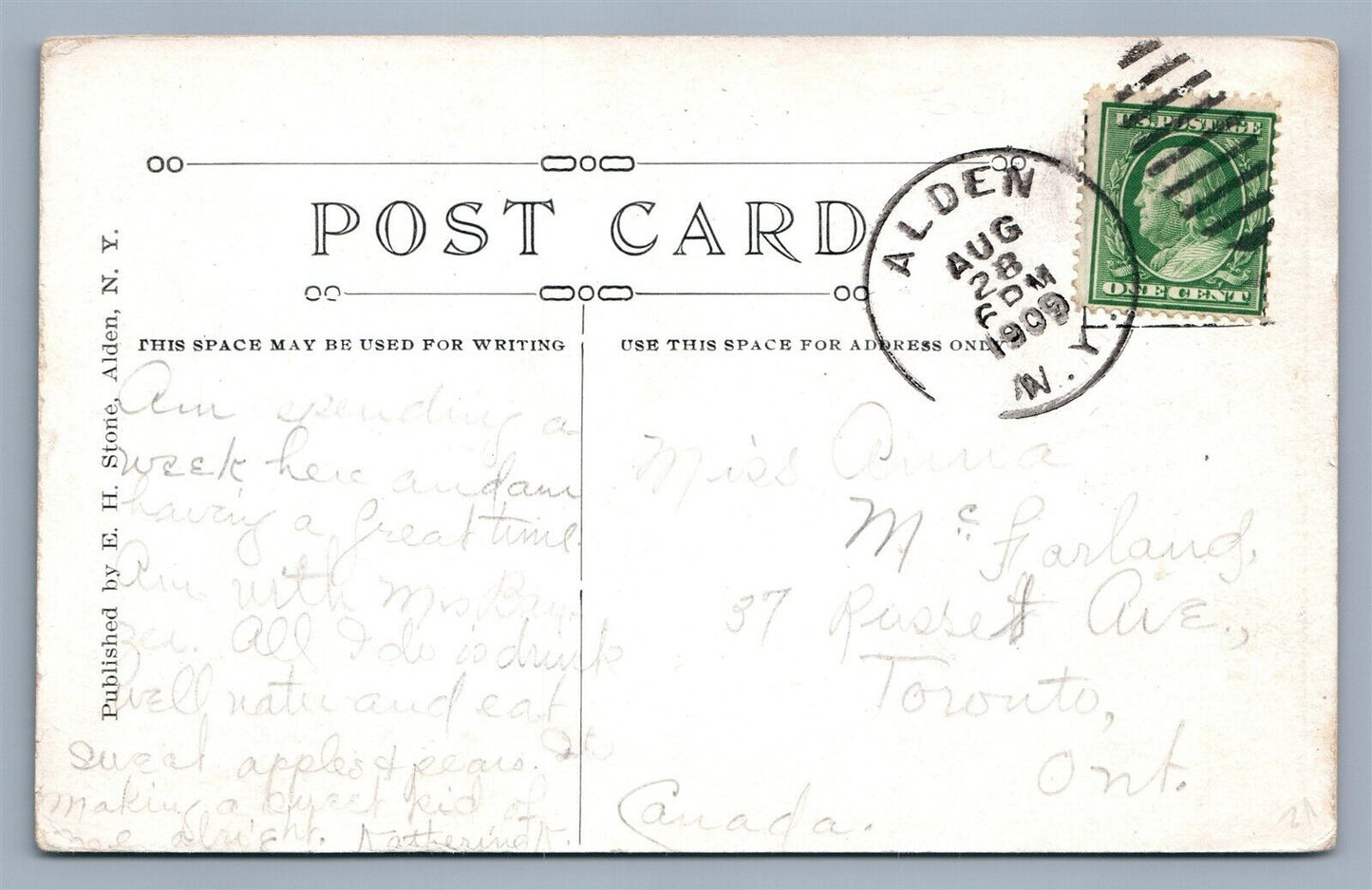 ALDEN NY EAST MAIN STREET 1909 ANTIQUE POSTCARD