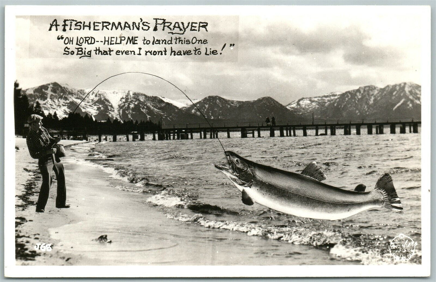 FISHERMAN'S PRAYER FISHING EXAGGERATED 1946 VINTAGE REAL PHOTO POSTCARD RPPC