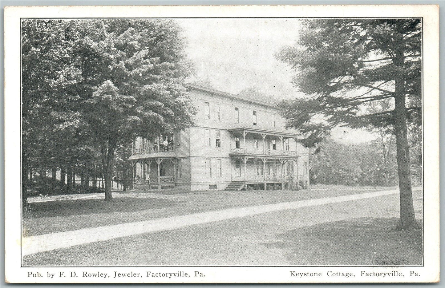 FACTORYVILLE PA KEYSTONE COTTAGE ANTIQUE POSTCARD ROWLEY JEWELER ADVERTISING