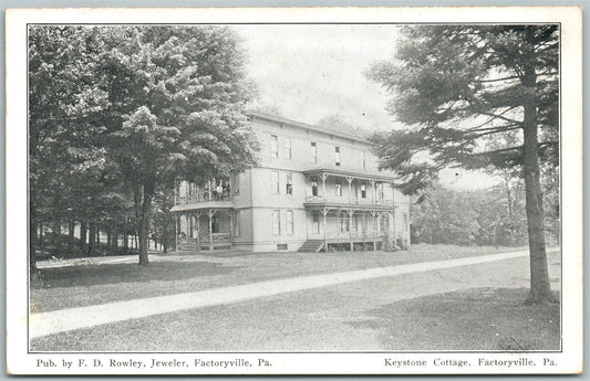 FACTORYVILLE PA KEYSTONE COTTAGE ANTIQUE POSTCARD ROWLEY JEWELER ADVERTISING