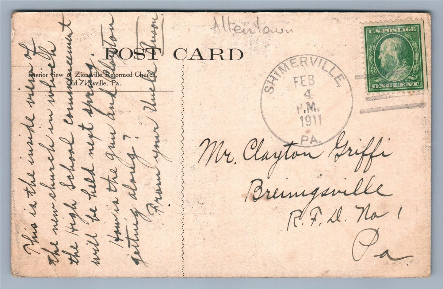 ZIONSVILLE PA REFORMED CHURCH INTERIOR ANTIQUE POSTCARD