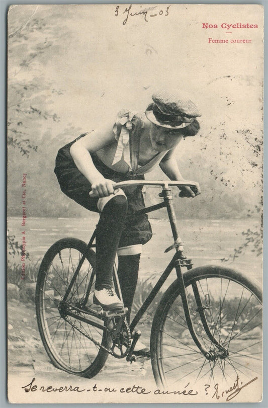 BICYCLE FEMALE CYCLIST ANTIQUE POSTCARD