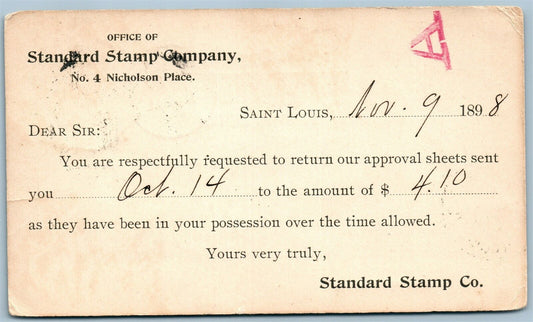 ST.LOUIS MO 1898 STANDARD STAMP COMPANY ANTIQUE ADVERTISING POSTCARD