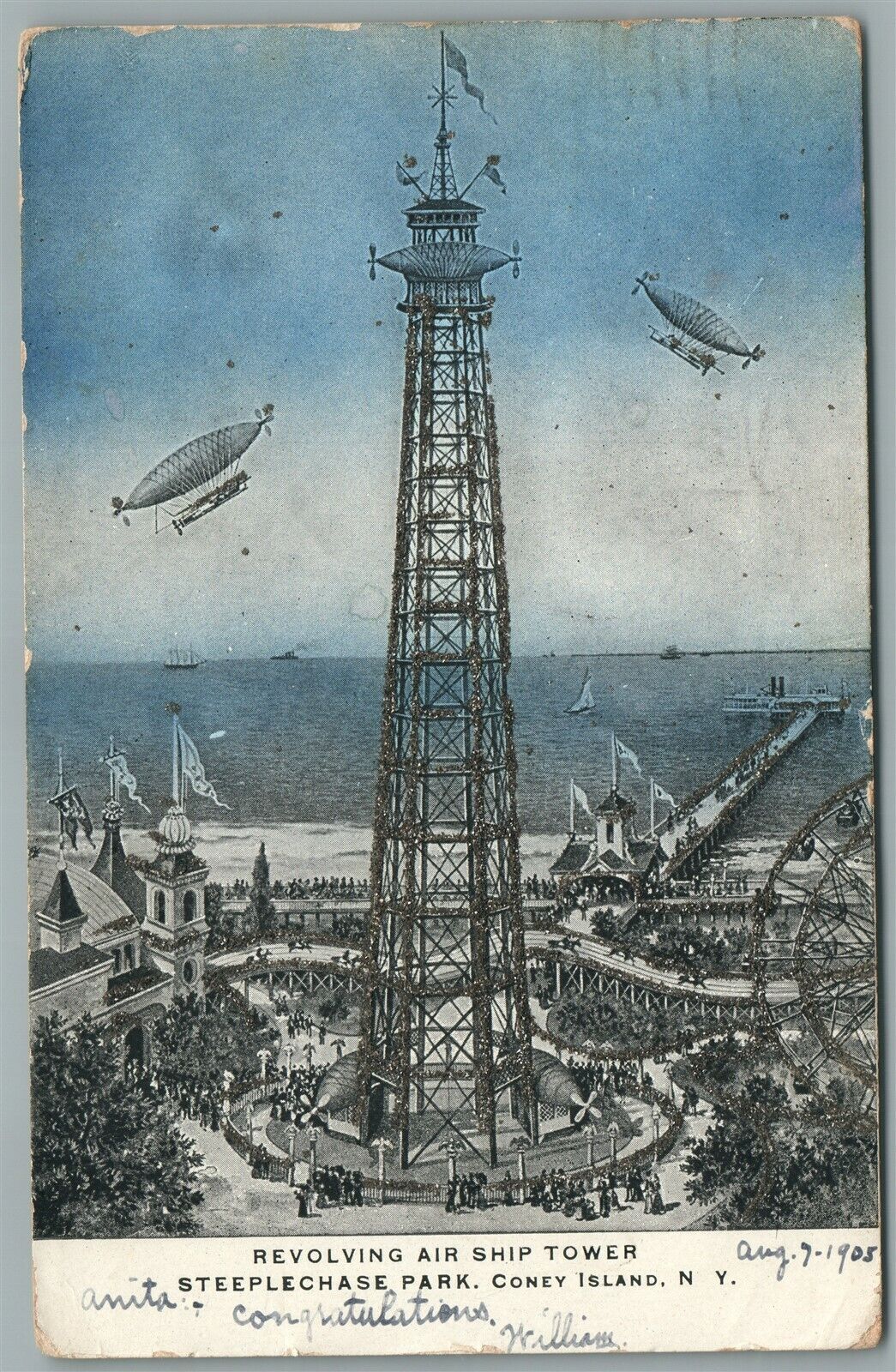 CONEY ISLAND NY REVOLVING AIR SHIP TOWER BROOKLYN STEEPLECHASE ANTIQUE POSTCARD