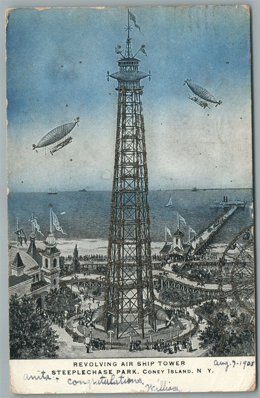 CONEY ISLAND NY REVOLVING AIR SHIP TOWER BROOKLYN STEEPLECHASE ANTIQUE POSTCARD