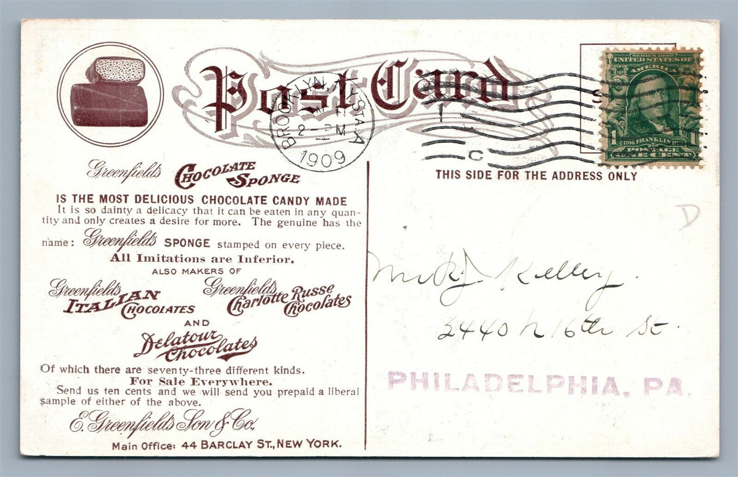 CHOCOLATE ADVERTISING GREENFIELDS SON & CO. NEW YORK ANTIQUE POSTCARD