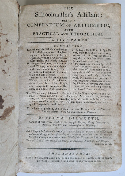 1796 SCHOOLMASTERS ASSISTANT COMPENDIUM of ARITHMETIC antique AMERICANA Dilworth