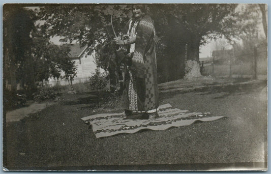 AMERICAN INDIAN WOMAN ARCHERY LESSON ANTIQUE REAL PHOTO POSTCARD RPPC