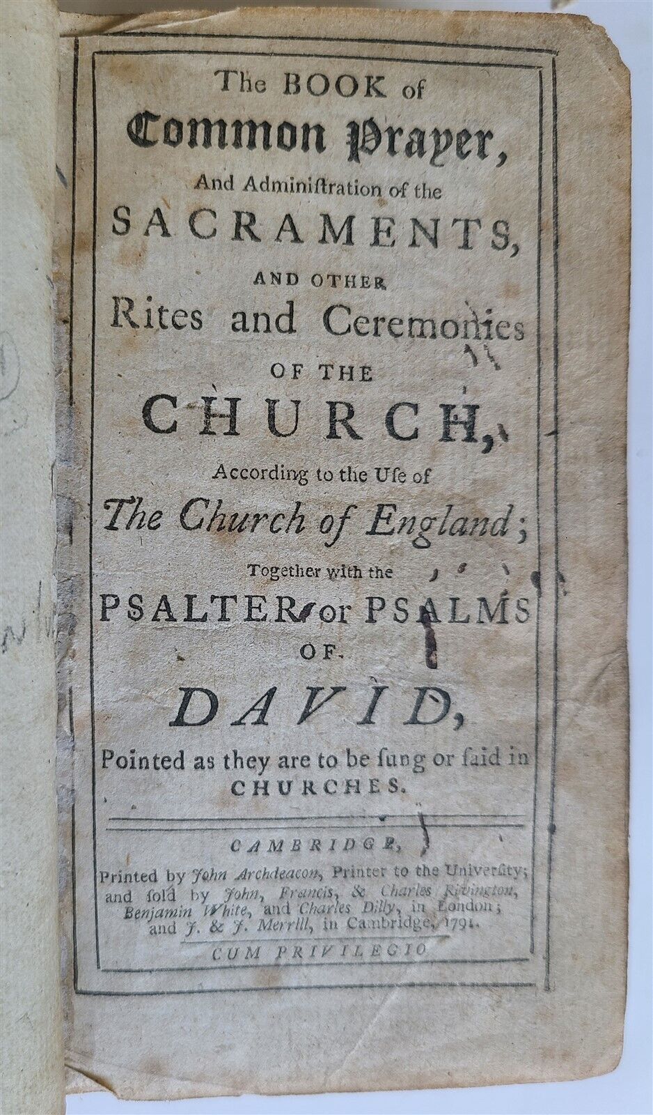 1791 BOOK OF COMMON PRAYER & PSALTER ENGLISH ANTIQUE Cambridge