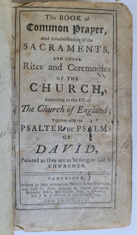 1791 BOOK OF COMMON PRAYER & PSALTER ENGLISH ANTIQUE Cambridge