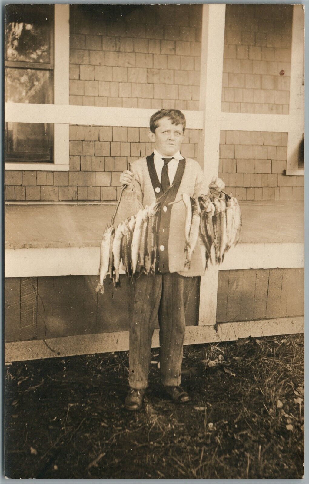 YOUNG MAN w/ FISH CATCH ANTIQUE REAL PHOTO POSTCARD RPPC
