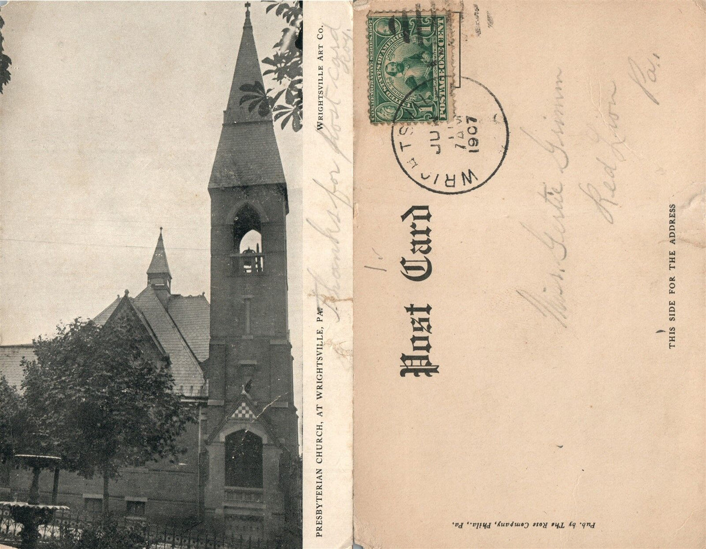 WRIGHTSVILLE PA PRESBYTERIAN CHURCH 1907 UNDIVIDED ANTIQUE POSTCARD