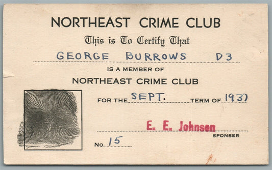 NORTHEAST CRIME CLUB 1937 vintage MEMBER'S CARD