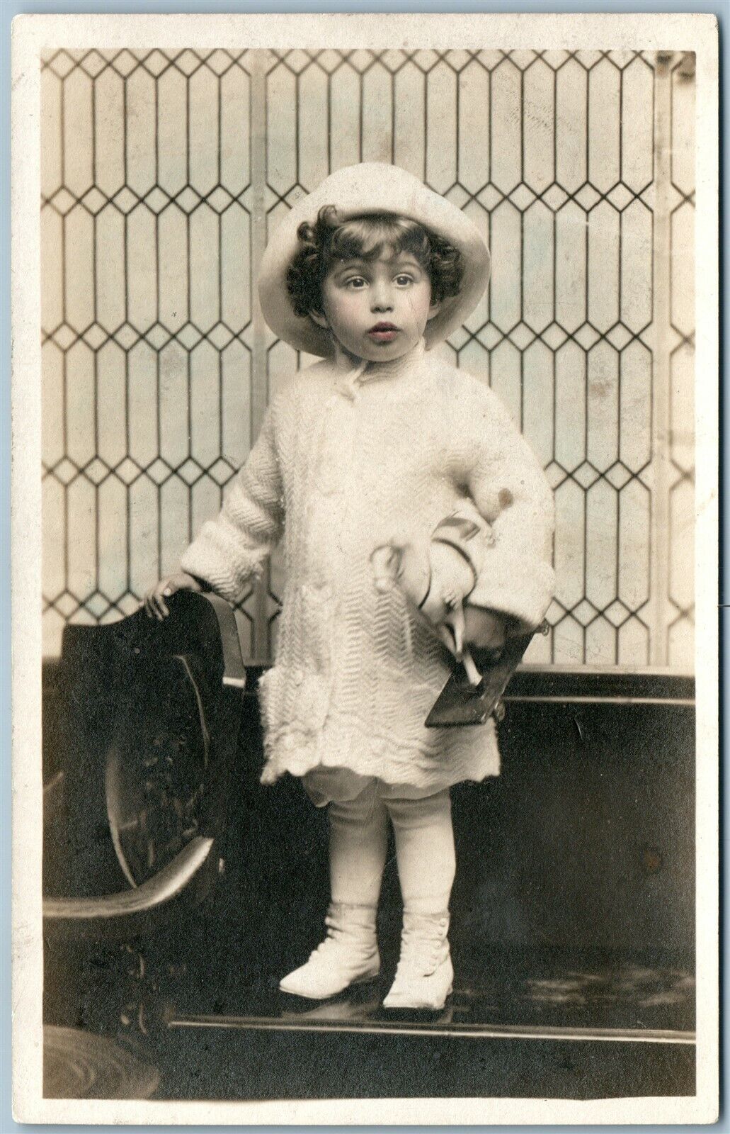 LITTLE GIRL w/ TOY HORSE ANTIQUE REAL PHOTO POSTCARD RPPC