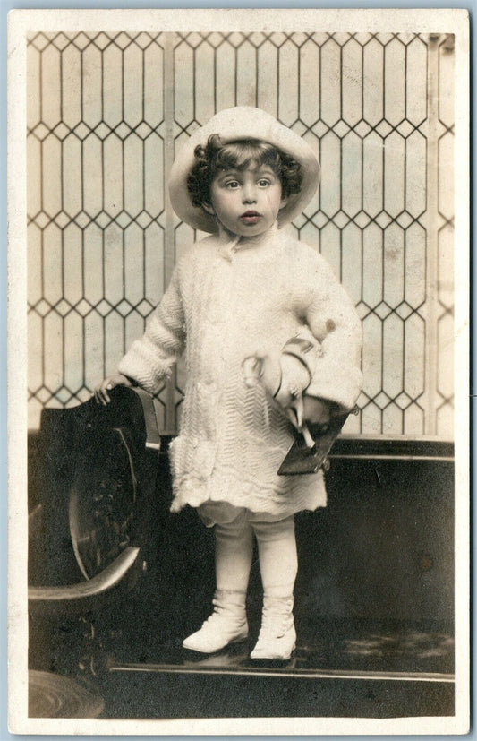 LITTLE GIRL w/ TOY HORSE ANTIQUE REAL PHOTO POSTCARD RPPC