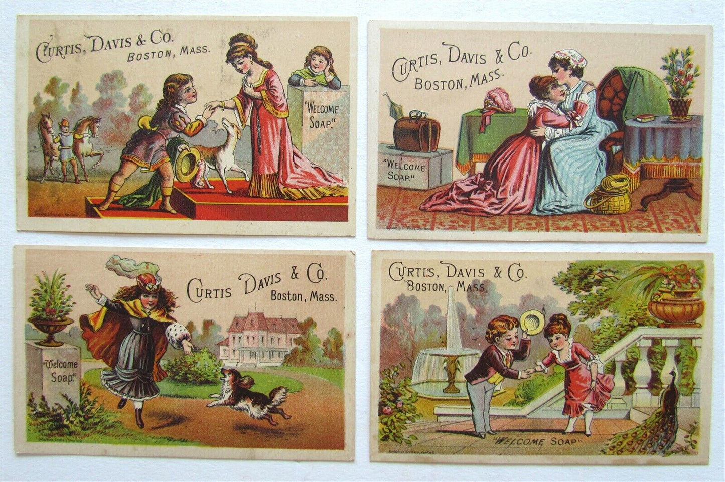 BOSTON MA SET of 4 ANTIQUE VICTORIAN TRADE CARDS CURTIS DAVIS & CO ADVERTISING