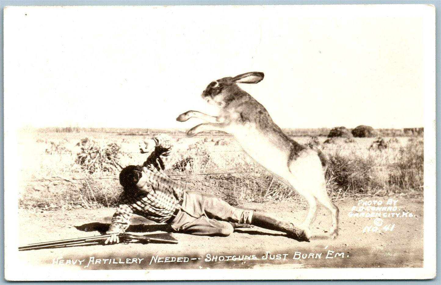 EXAGGERATED HARE RABBIT ANTIQUE REAL PHOTO POSTCARD RPPC Garden City KS