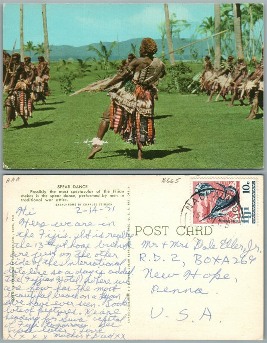 FIJI OCEANIA SPEAR DANCE VINTAGE POSTCARD w/ STAMP