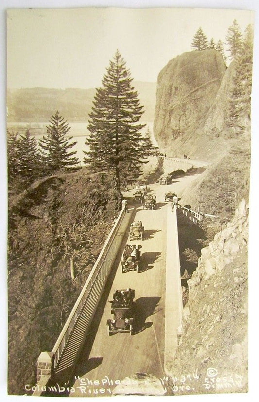 RPPC VINTAGE REAL PHOTO POSTCARD COLUMBIA RIVER OREGON BRIDGE OLD CARS