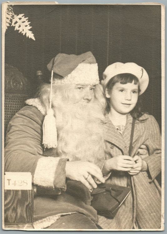 LITTLE GIRL w/ SANTA ANTIQUE PHOTO 5 by 7"