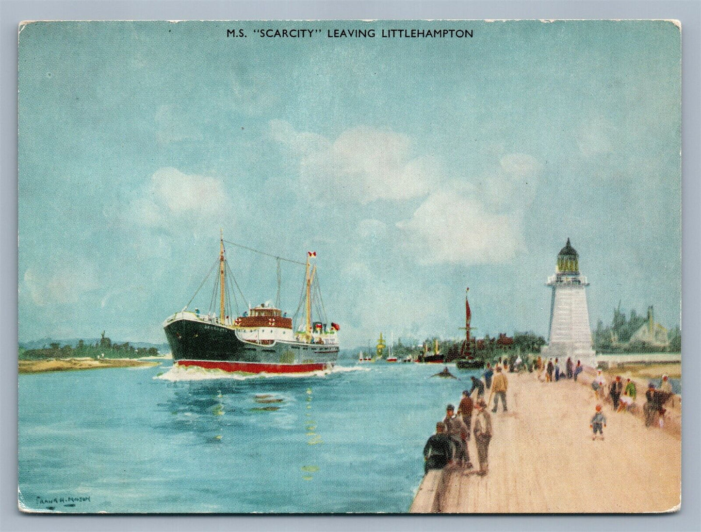 M.S. SCARCITY SHIP LEAVING LITTLEHAMPTON UK ANTIQUE POSTCARD w/ LIGHTHOUSE