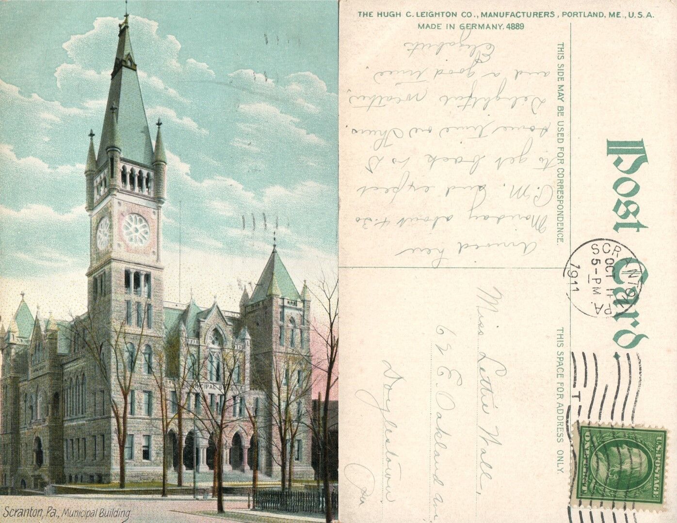 SCRANTON PA MUNICIPAL BUILDING 1911 ANTIQUE POSTCARD