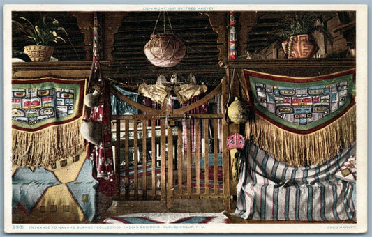 INDIAN BUILDING ALBUQUERQUE N.M. NAVAHO BLANKET COLLECTION ANTIQUE POSTCARD