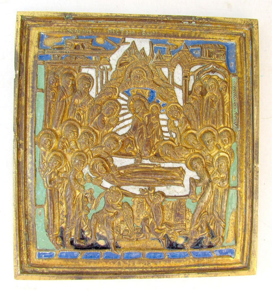 RUSSIAN ICON of DORMITION ANTIQUE ORTHODOX BRONZE ENAMEL 19th century