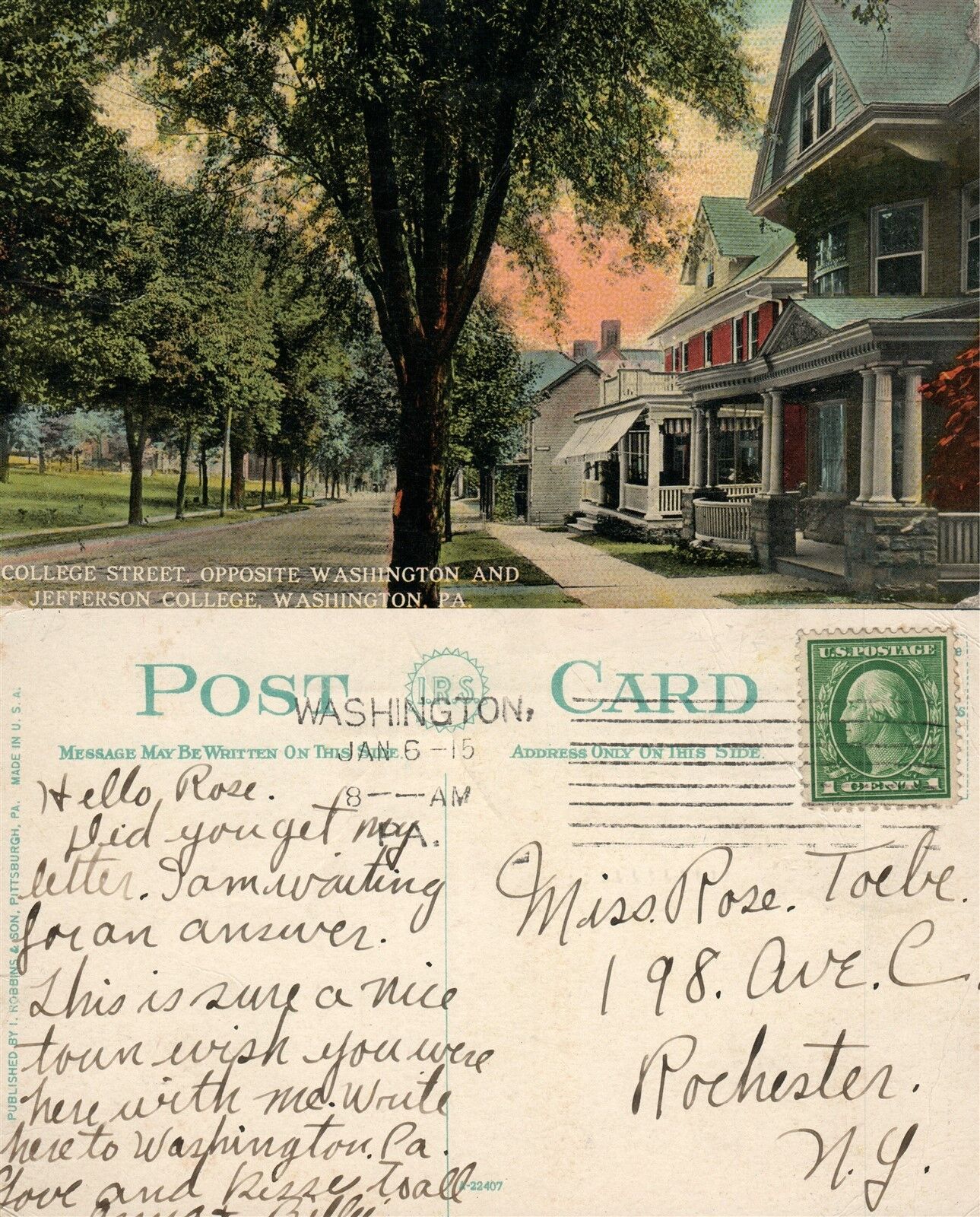 WASHINGTON PA COLLEGE STREET ANTIQUE POSTCARD