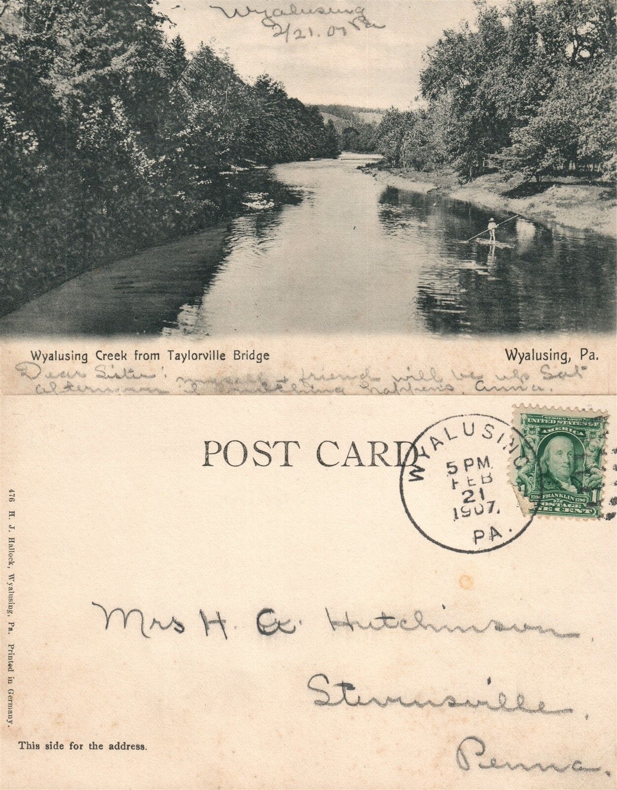 WYALUSING CREEK PA FROM TAYLORVILLE BRIDGE 1907 UNDIVIDED ANTIQUE POSTCARD