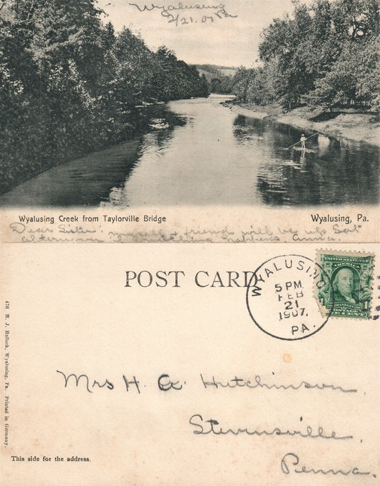 WYALUSING CREEK PA FROM TAYLORVILLE BRIDGE 1907 UNDIVIDED ANTIQUE POSTCARD
