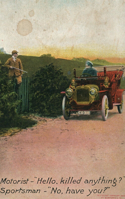 MOTORIST & HUNTER COMIC ANTIQUE POSTCARD