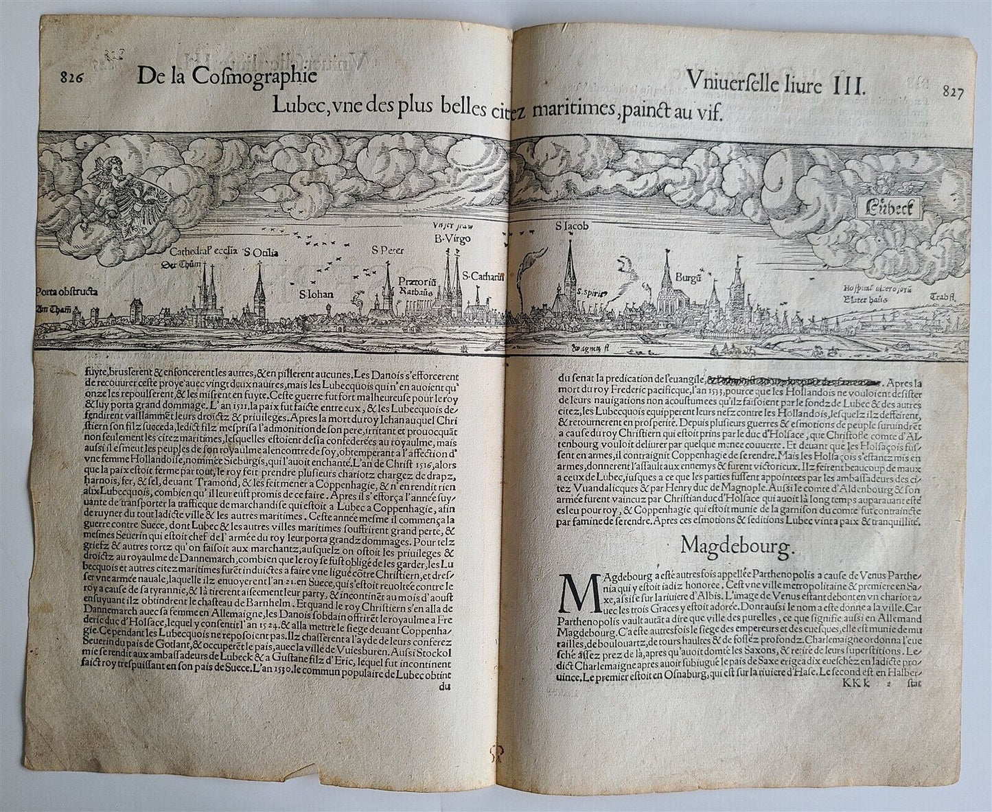 1575 LUBECK GERMANY view LEAF - BELLEFOREST ED. of MUNSTER COSMOGRAPHY antique