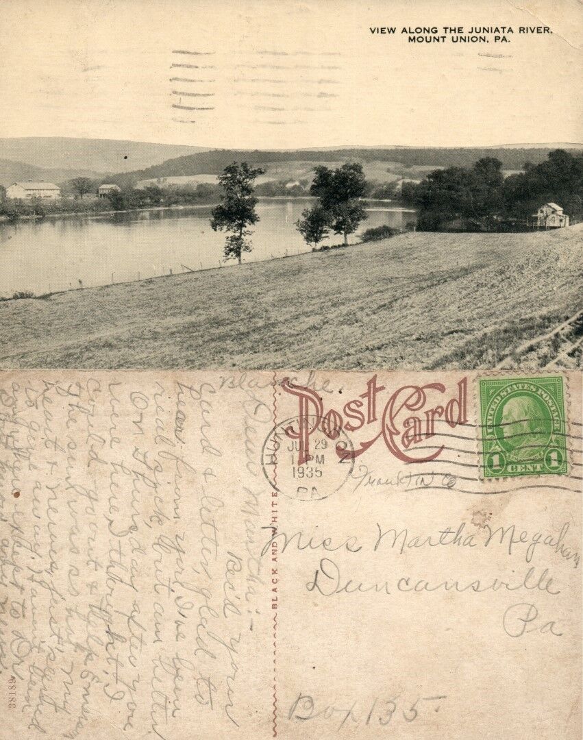 JUNIATA RIVER MOUNT UNION PA 1935 VINTAGE POSTCARD