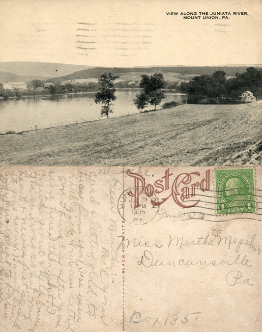 JUNIATA RIVER MOUNT UNION PA 1935 VINTAGE POSTCARD