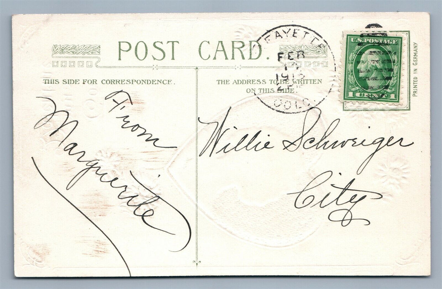 TO MY VALENTINE 1914 ANTIQUE SAMUEL SCHMUCKER EMBOSSED POSTCARD by JOHN WINSCH